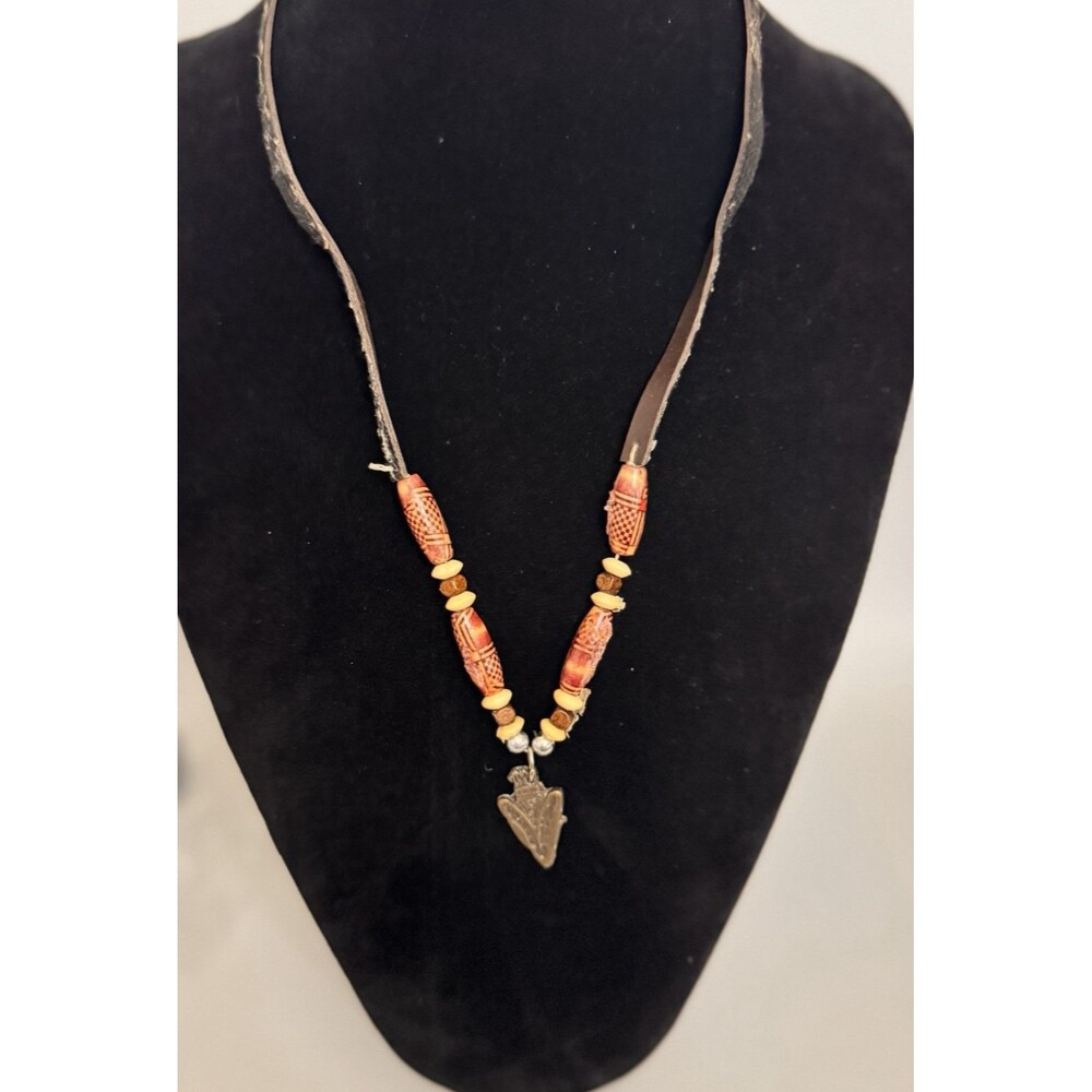 Leather Native Style Necklace – Acrylic Beads & Arrowhead Pendant 24"24